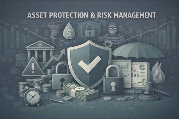 A 3D illustration titled "Asset Protection & Risk Management" featuring a large central shield with a checkmark, surrounded by icons representing various risks and safeguards: an umbrella, padlocks, a legal gavel, a masked thief, fire, a tornado, and stacks of money against a dark gray background.