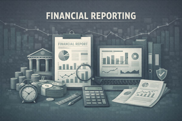 An isometric 3D illustration titled "Financial Reporting" featuring a large central clipboard with a financial report, a laptop displaying pie charts, miniature bank buildings, an alarm clock, stacks of gold coins, and a calculator on a dark grid platform.